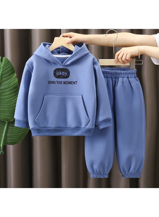 Independent brand Kids Winter Fleece Hoodie Set, Boys Girls blue Warm Tracksuit, Toddler Thickened 2-Piece Outfit - Image 1